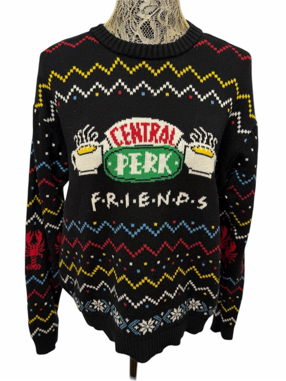 Friends XL Central Perk Graphic Knit Sweater Black TV Show Pullover